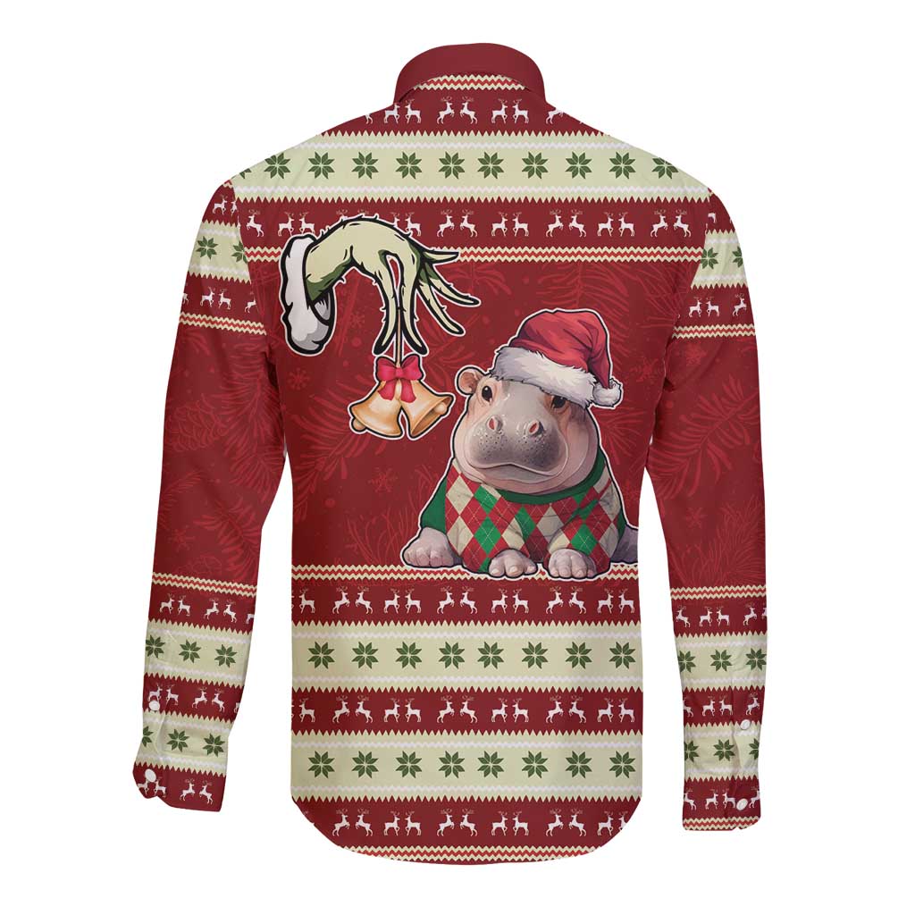 Moo Deng Moo-Ry Christmas Long Sleeve Button Shirt Santa Baby Pygmy Hippo - Wonder Print Shop