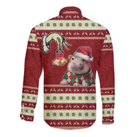 Moo Deng Moo-Ry Christmas Long Sleeve Button Shirt Santa Baby Pygmy Hippo - Wonder Print Shop