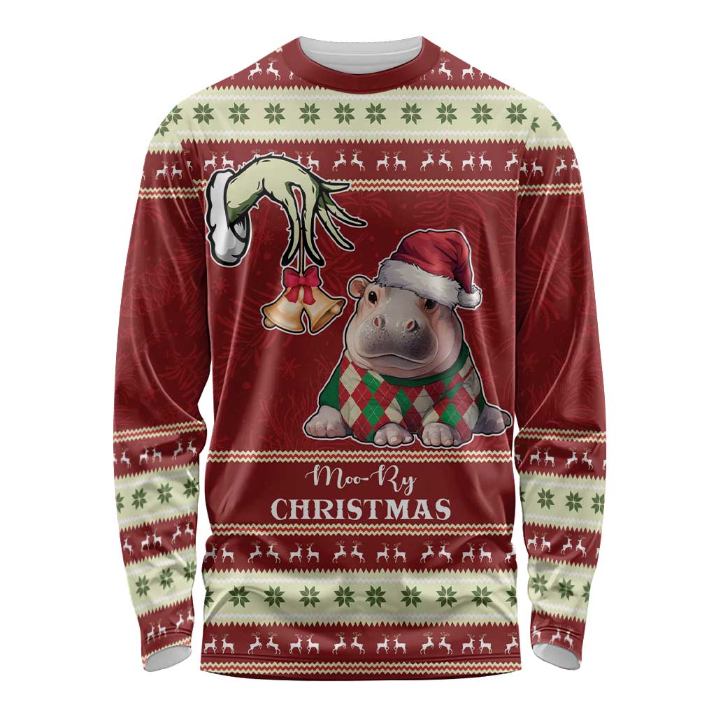 Moo Deng Moo-Ry Christmas Long Sleeve Shirt Santa Baby Pygmy Hippo - Wonder Print Shop