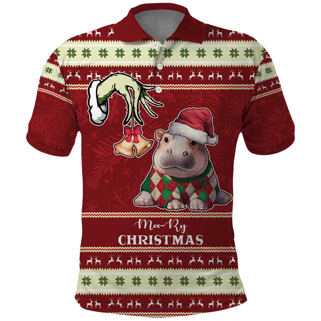 Moo Deng Moo-Ry Christmas Polo Shirt Santa Baby Pygmy Hippo - Wonder Print Shop