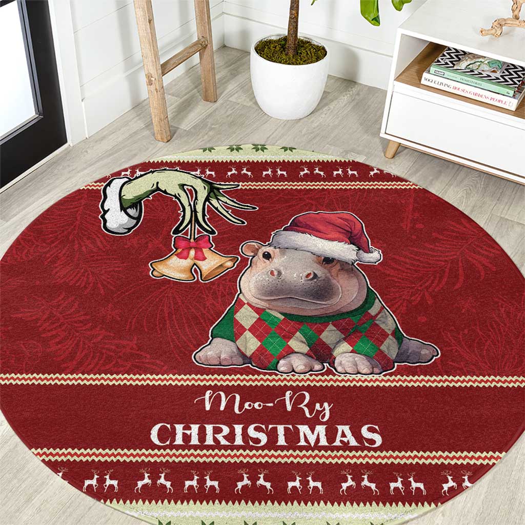 Moo Deng Moo-Ry Christmas Round Carpet Santa Baby Pygmy Hippo