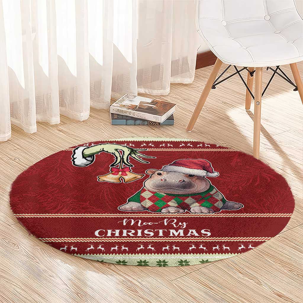Moo Deng Moo-Ry Christmas Round Carpet Santa Baby Pygmy Hippo