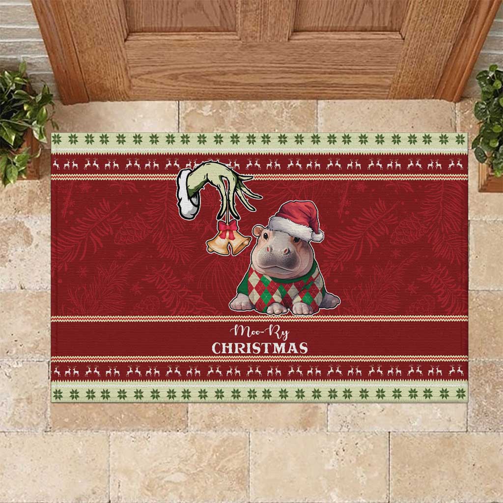 Moo Deng Moo-Ry Christmas Rubber Doormat Santa Baby Pygmy Hippo - Wonder Print Shop
