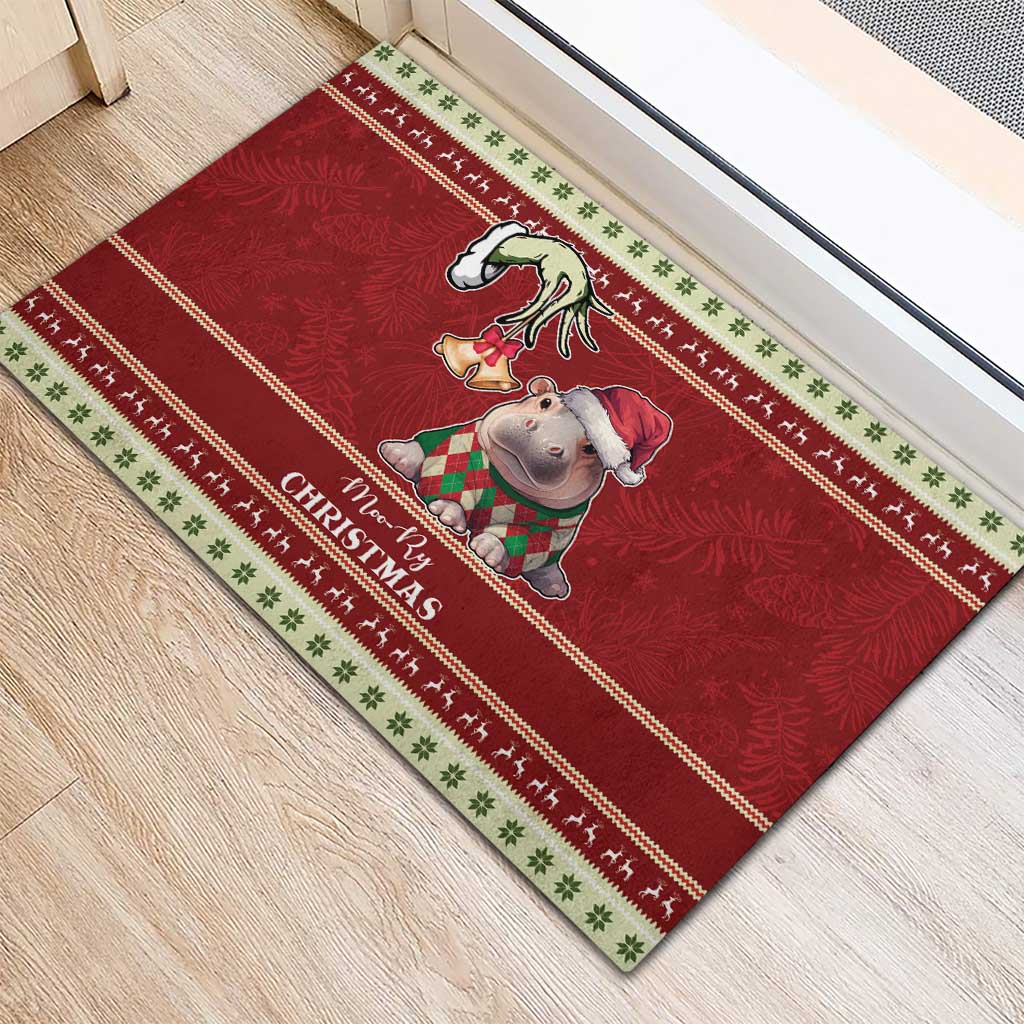 Moo Deng Moo-Ry Christmas Rubber Doormat Santa Baby Pygmy Hippo - Wonder Print Shop
