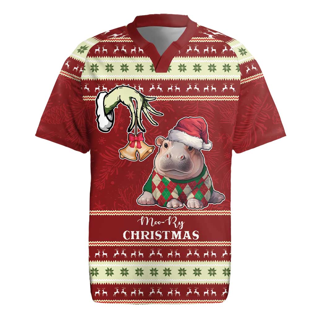 Moo Deng Moo-Ry Christmas Rugby Jersey Santa Baby Pygmy Hippo - Wonder Print Shop