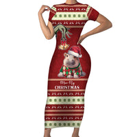 Moo Deng Moo-Ry Christmas Short Sleeve Bodycon Dress Santa Baby Pygmy Hippo - Wonder Print Shop