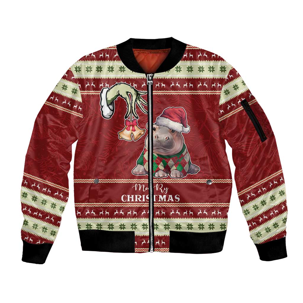Moo Deng Moo-Ry Christmas Sleeve Zip Bomber Jacket Santa Baby Pygmy Hippo - Wonder Print Shop