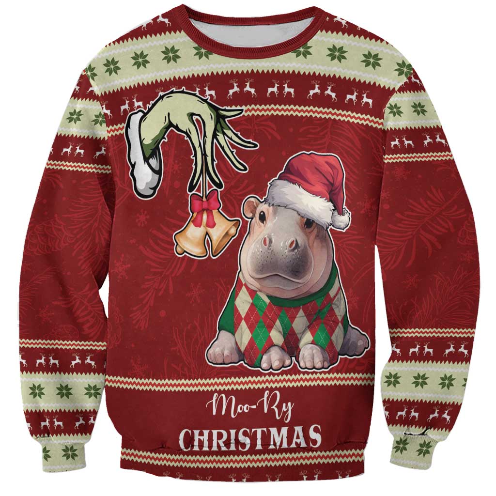 Moo Deng Moo-Ry Christmas Sweatshirt Santa Baby Pygmy Hippo - Wonder Print Shop
