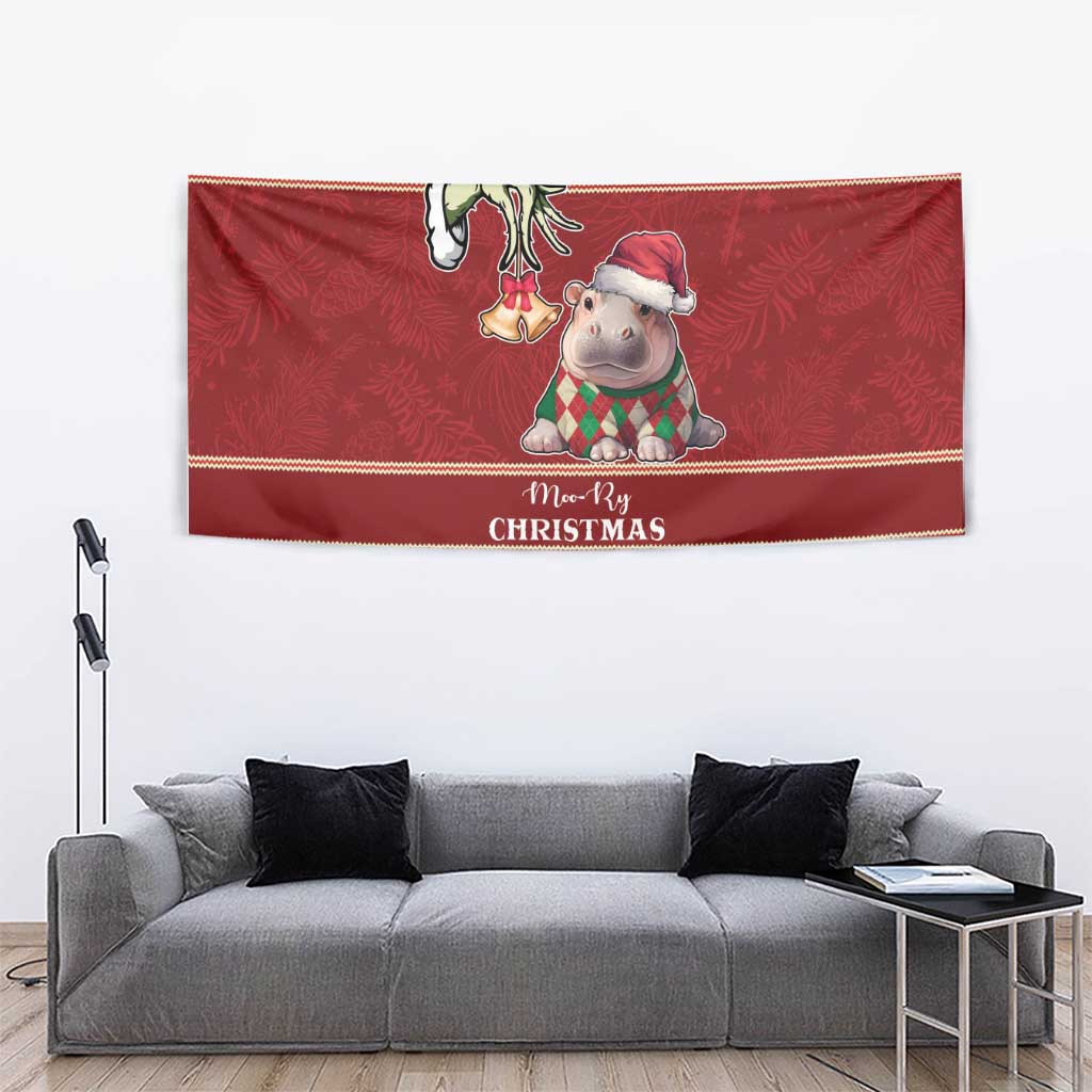 Moo Deng Moo-Ry Christmas Tapestry Santa Baby Pygmy Hippo - Wonder Print Shop