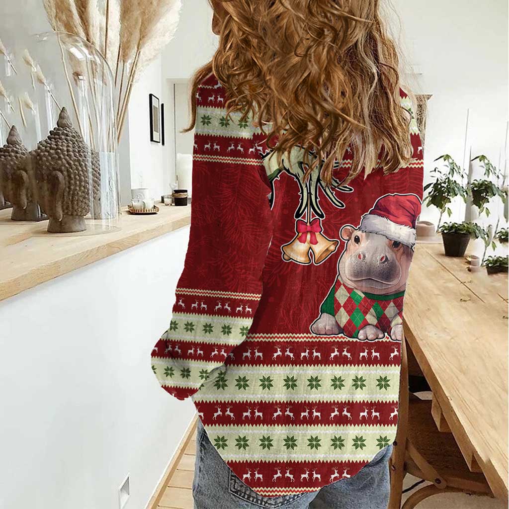 Moo Deng Moo-Ry Christmas Women Casual Shirt Santa Baby Pygmy Hippo - Wonder Print Shop