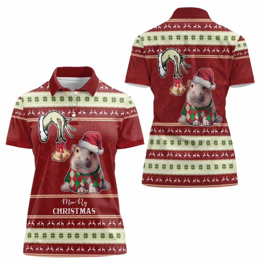 Moo Deng Moo-Ry Christmas Women Polo Shirt Santa Baby Pygmy Hippo - Wonder Print Shop