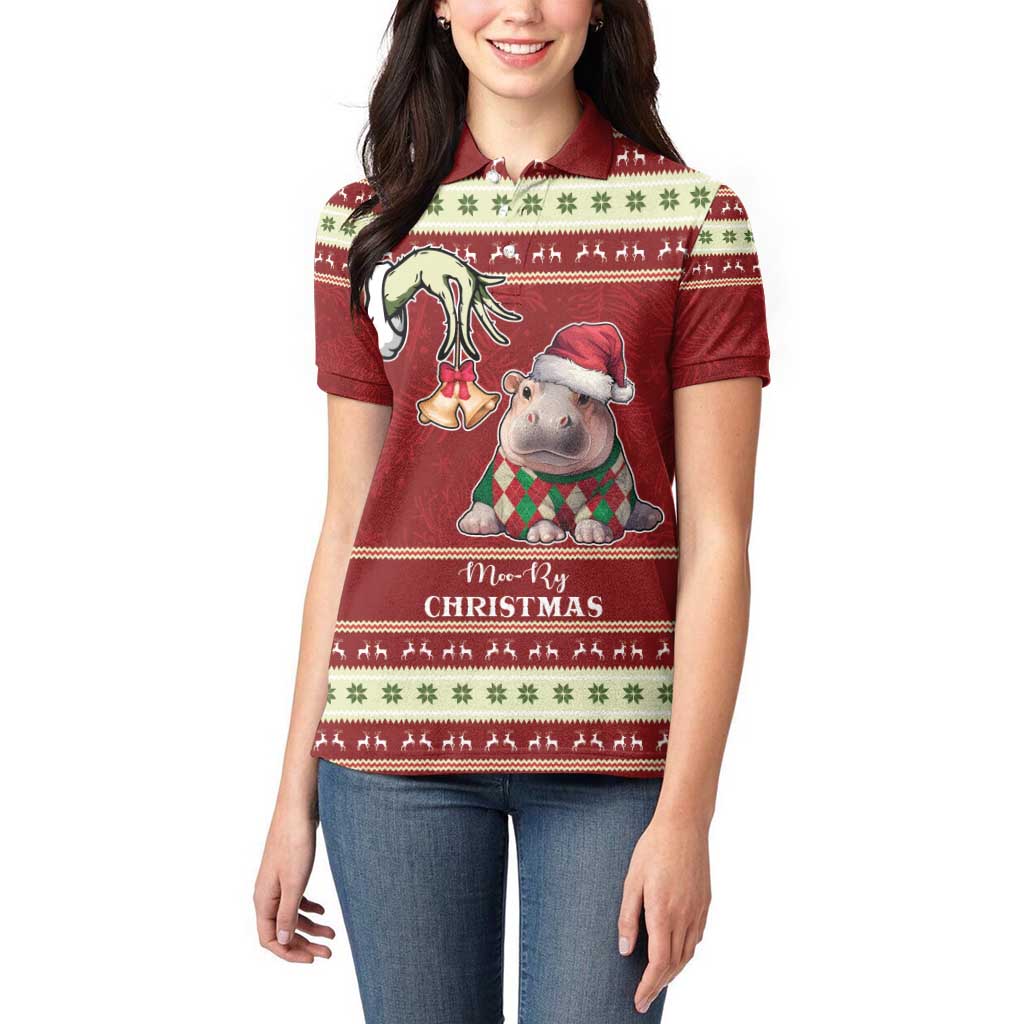 Moo Deng Moo-Ry Christmas Women Polo Shirt Santa Baby Pygmy Hippo - Wonder Print Shop
