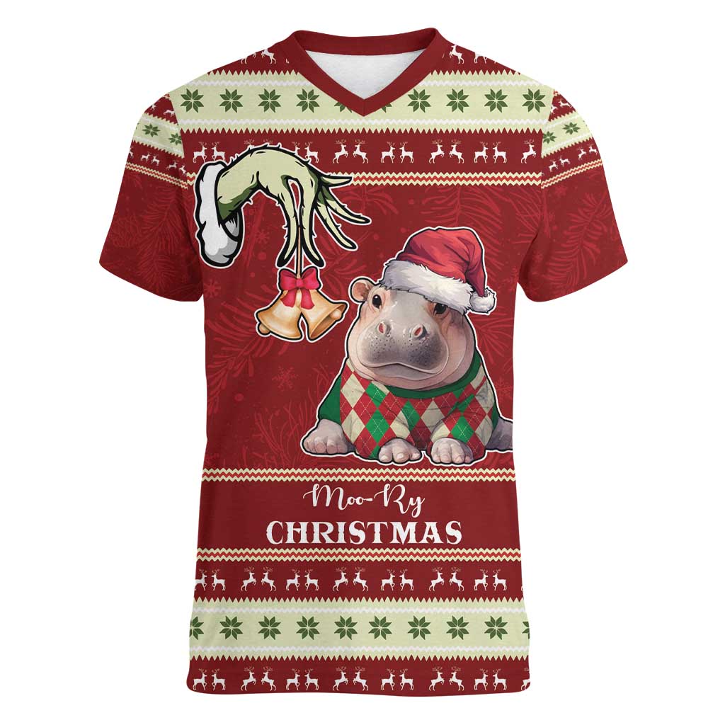 Moo Deng Moo-Ry Christmas Women V-Neck T-Shirt Santa Baby Pygmy Hippo - Wonder Print Shop