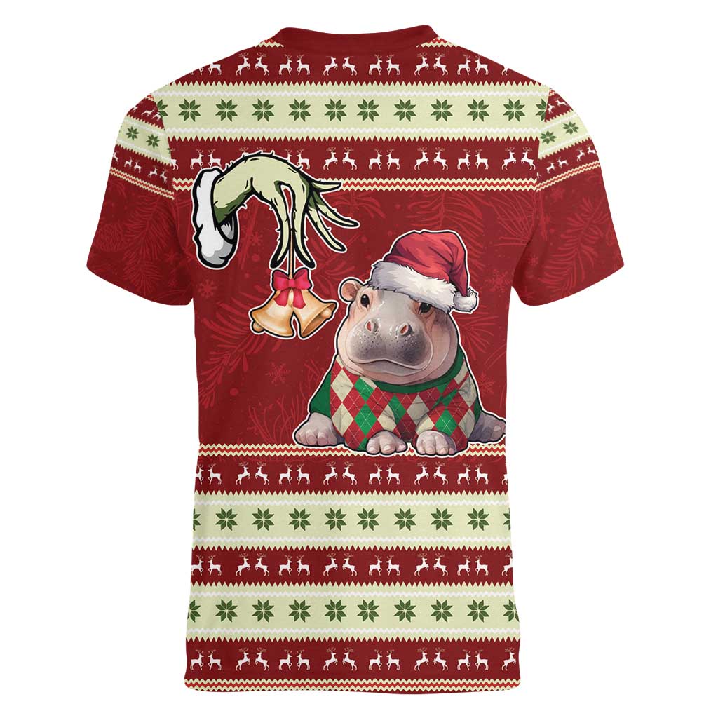 Moo Deng Moo-Ry Christmas Women V-Neck T-Shirt Santa Baby Pygmy Hippo - Wonder Print Shop