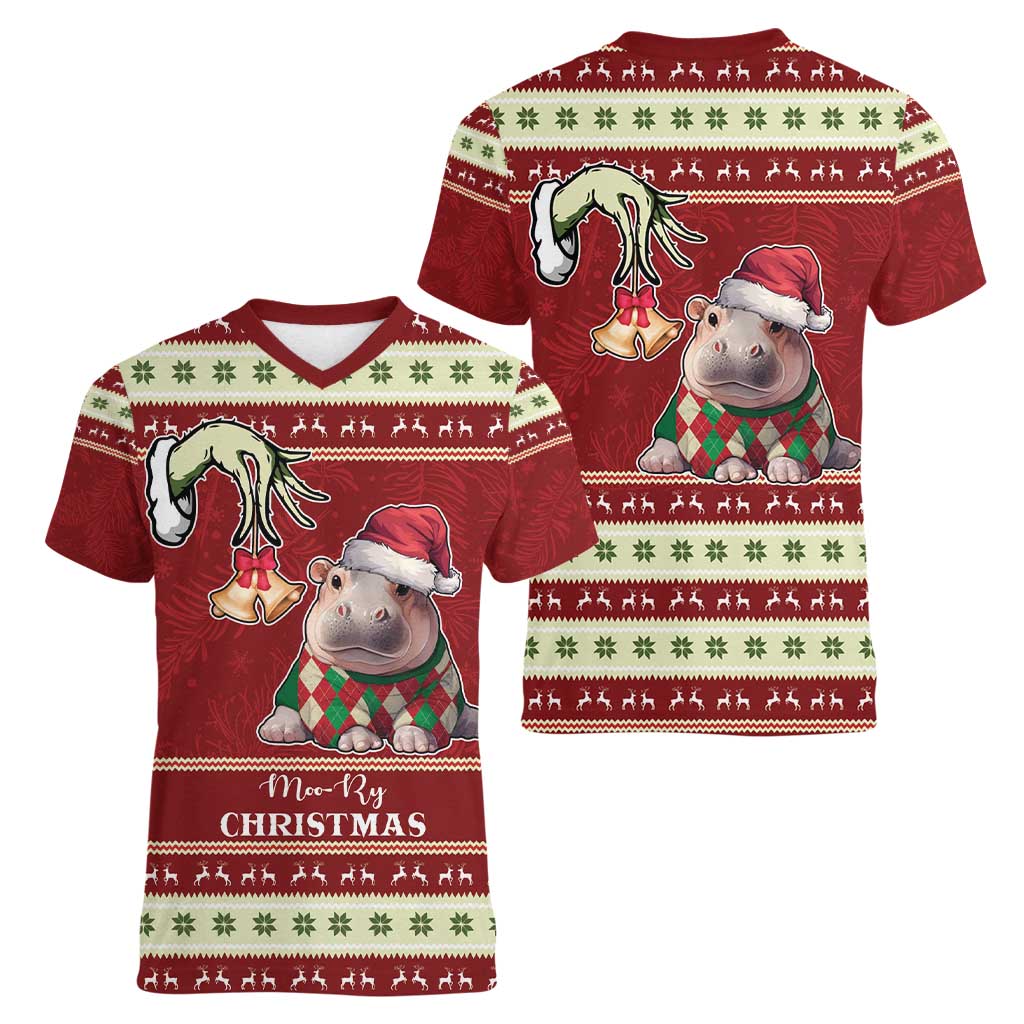 Moo Deng Moo-Ry Christmas Women V-Neck T-Shirt Santa Baby Pygmy Hippo - Wonder Print Shop