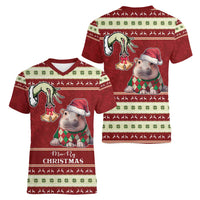 Moo Deng Moo-Ry Christmas Women V-Neck T-Shirt Santa Baby Pygmy Hippo - Wonder Print Shop