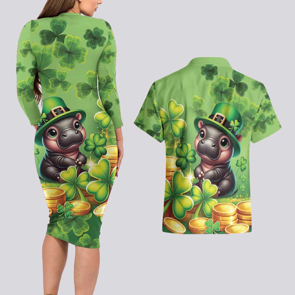 Leprechaun Moo Deng St Patricks Day Couples Matching Long Sleeve Bodycon Dress and Hawaiian Shirt LT9 - Wonder Print Shop