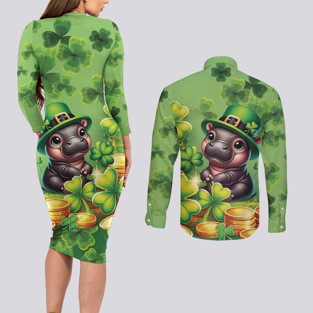Leprechaun Moo Deng St Patricks Day Couples Matching Long Sleeve Bodycon Dress and Long Sleeve Button Shirt LT9 - Wonder Print Shop
