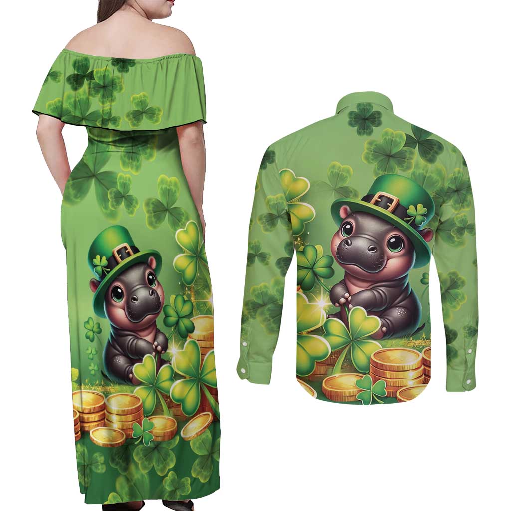 Leprechaun Moo Deng St Patricks Day Couples Matching Off Shoulder Maxi Dress and Long Sleeve Button Shirt LT9 - Wonder Print Shop