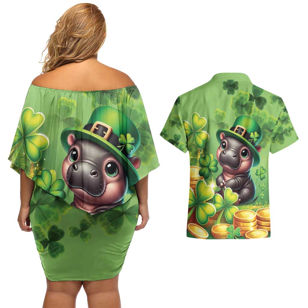 Leprechaun Moo Deng St Patricks Day Couples Matching Off Shoulder Short Dress and Hawaiian Shirt LT9 - Wonder Print Shop
