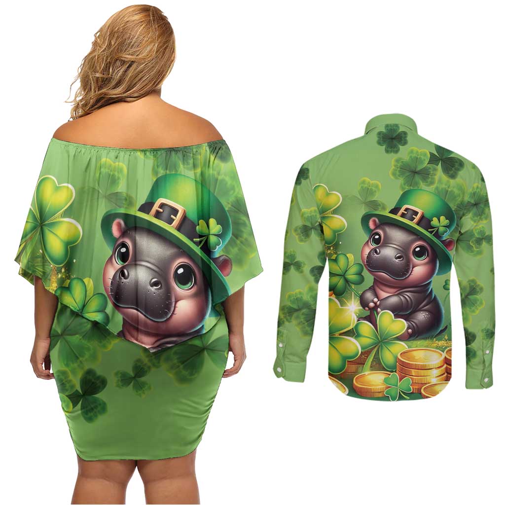 Leprechaun Moo Deng St Patricks Day Couples Matching Off Shoulder Short Dress and Long Sleeve Button Shirt LT9 - Wonder Print Shop