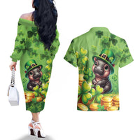 Leprechaun Moo Deng St Patricks Day Couples Matching Off The Shoulder Long Sleeve Dress and Hawaiian Shirt LT9 - Wonder Print Shop