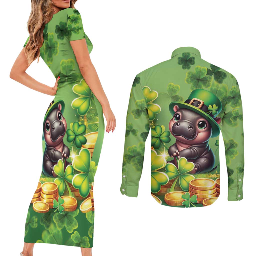 Leprechaun Moo Deng St Patricks Day Couples Matching Short Sleeve Bodycon Dress and Long Sleeve Button Shirt LT9 - Wonder Print Shop