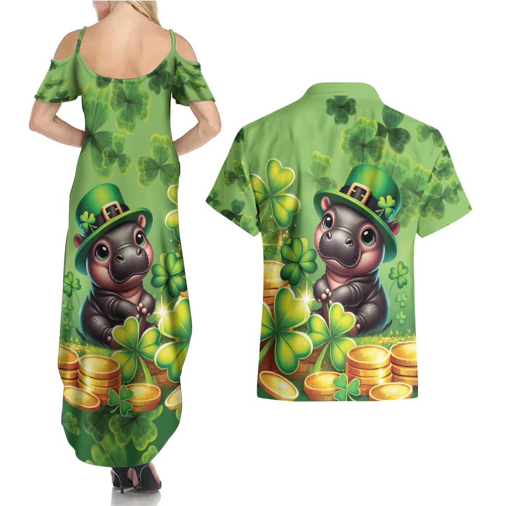 Leprechaun Moo Deng St Patricks Day Couples Matching Summer Maxi Dress and Hawaiian Shirt LT9 - Wonder Print Shop