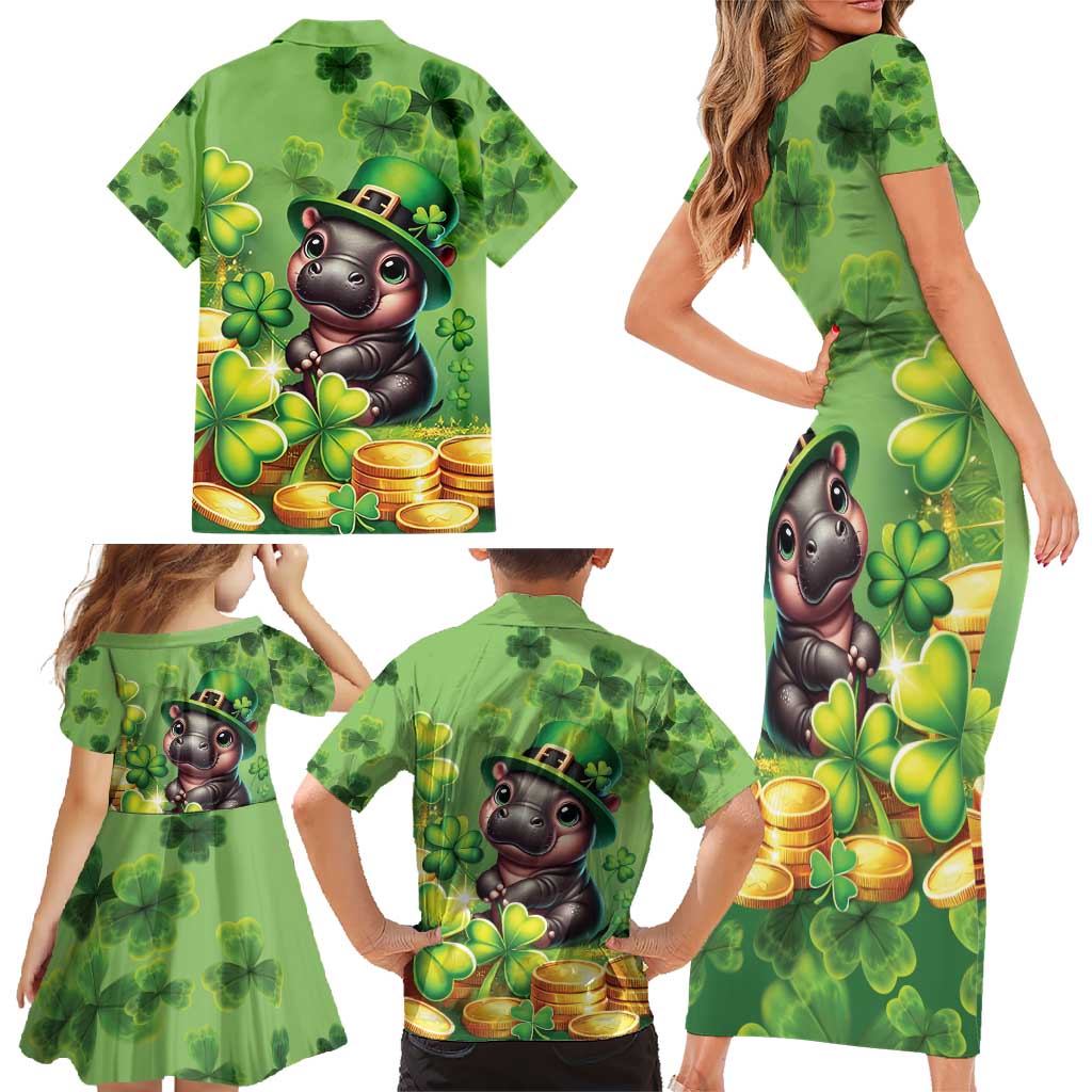 Leprechaun Moo Deng St Patricks Day Family Matching Short Sleeve Bodycon Dress and Hawaiian Shirt - Wonder Print Shop