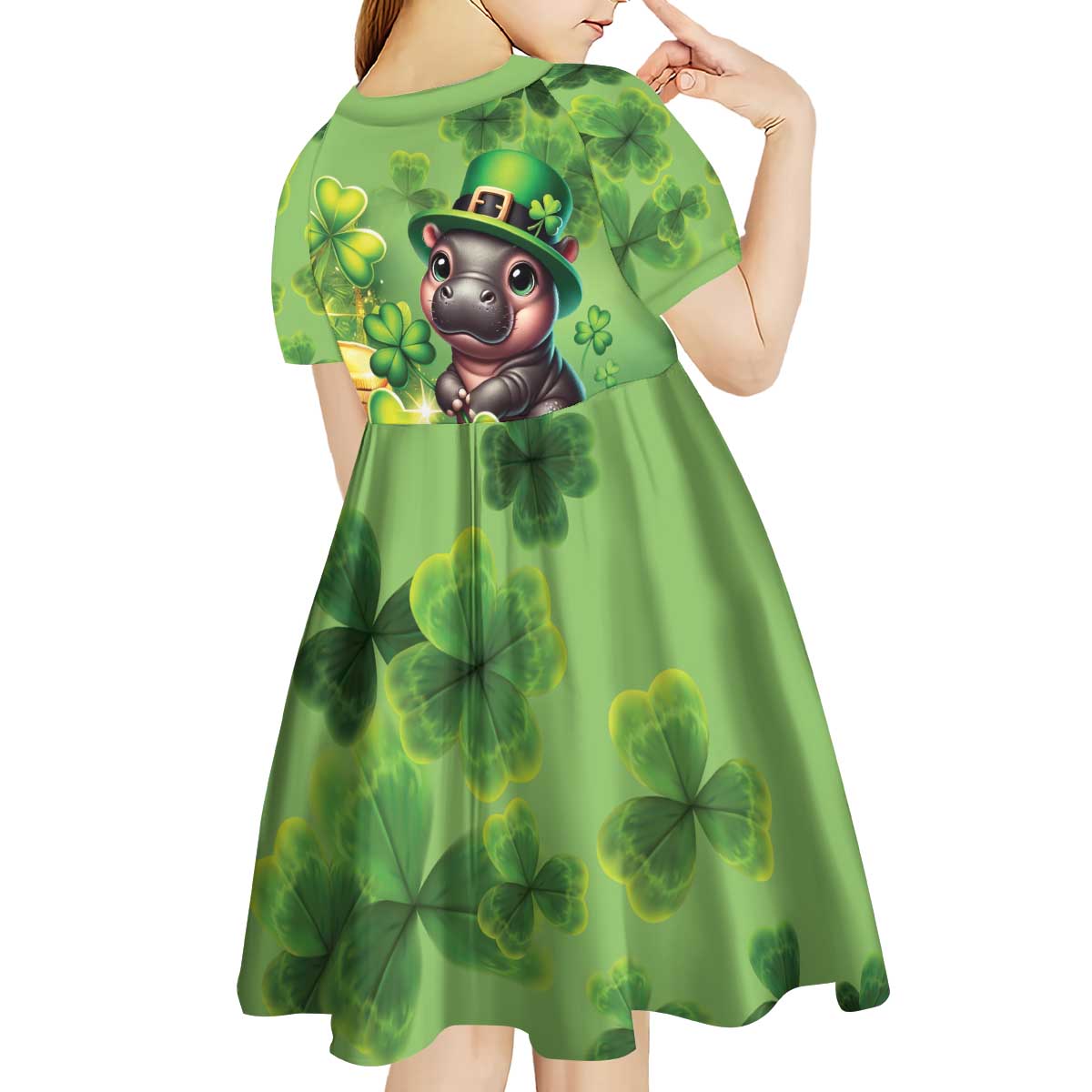 Leprechaun Moo Deng St Patricks Day Kid Short Sleeve Dress - Wonder Print Shop