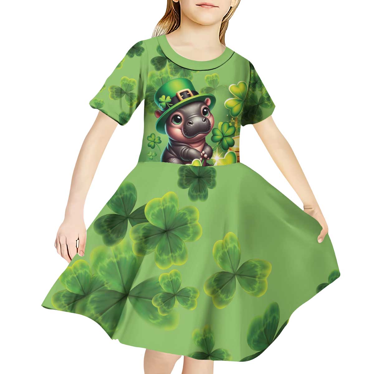 Leprechaun Moo Deng St Patricks Day Kid Short Sleeve Dress - Wonder Print Shop