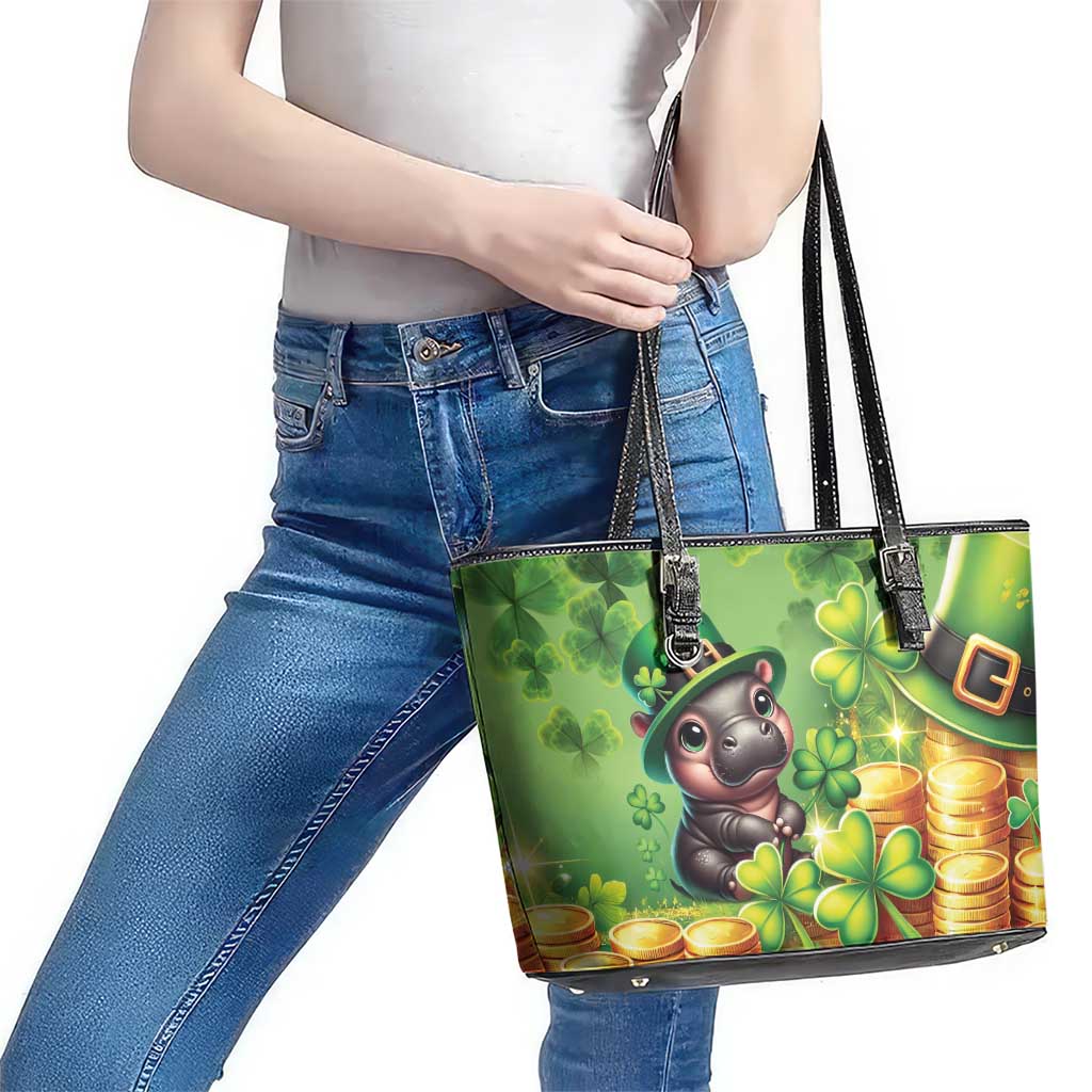 Leprechaun Moo Deng St Patricks Day Leather Tote Bag - Wonder Print Shop