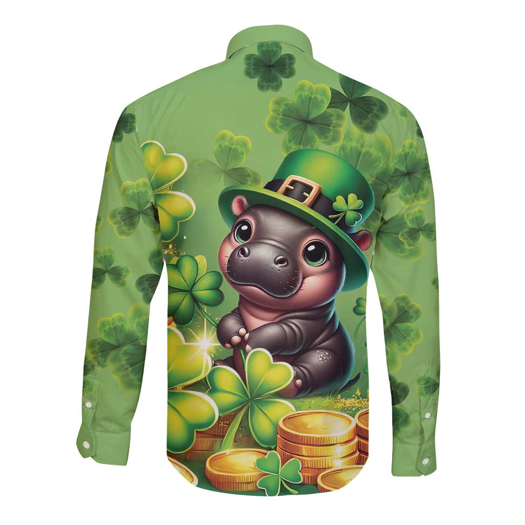 Leprechaun Moo Deng St Patricks Day Long Sleeve Button Shirt - Wonder Print Shop