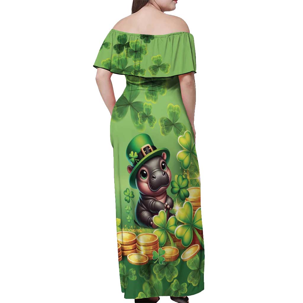 Leprechaun Moo Deng St Patricks Day Off Shoulder Maxi Dress - Wonder Print Shop