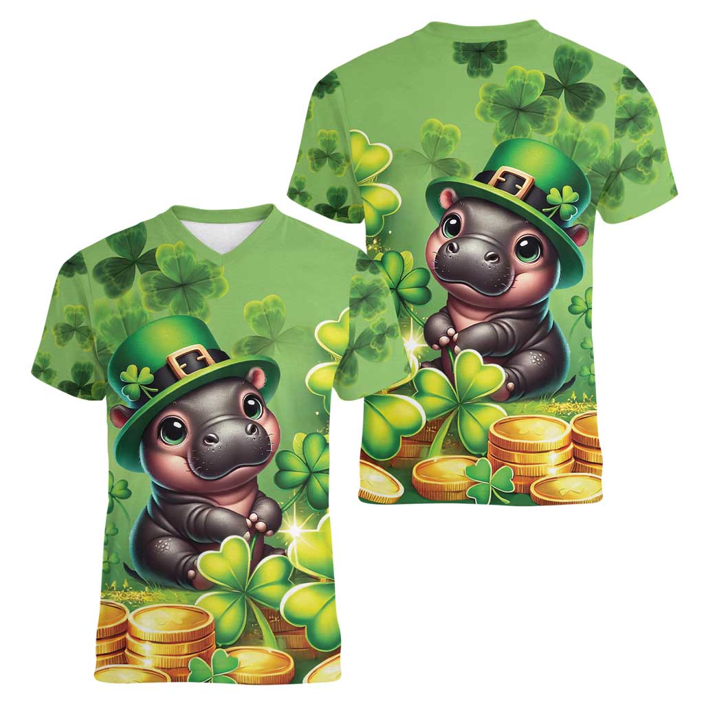 Leprechaun Moo Deng St Patricks Day Women V-Neck T-Shirt - Wonder Print Shop