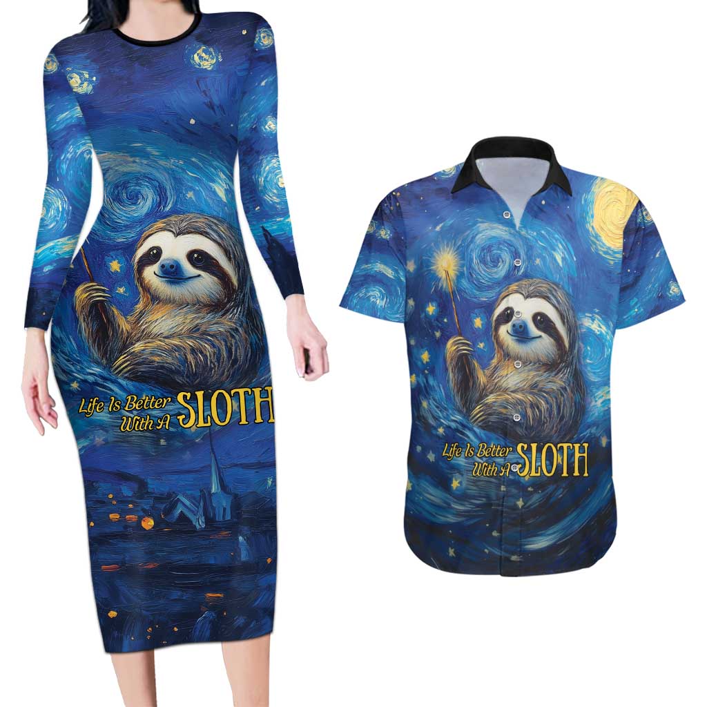 Sloth Life Is The Best Life Couples Matching Long Sleeve Bodycon Dress and Hawaiian Shirt with Starry Night Sky LT9 - Wonder Print Shop