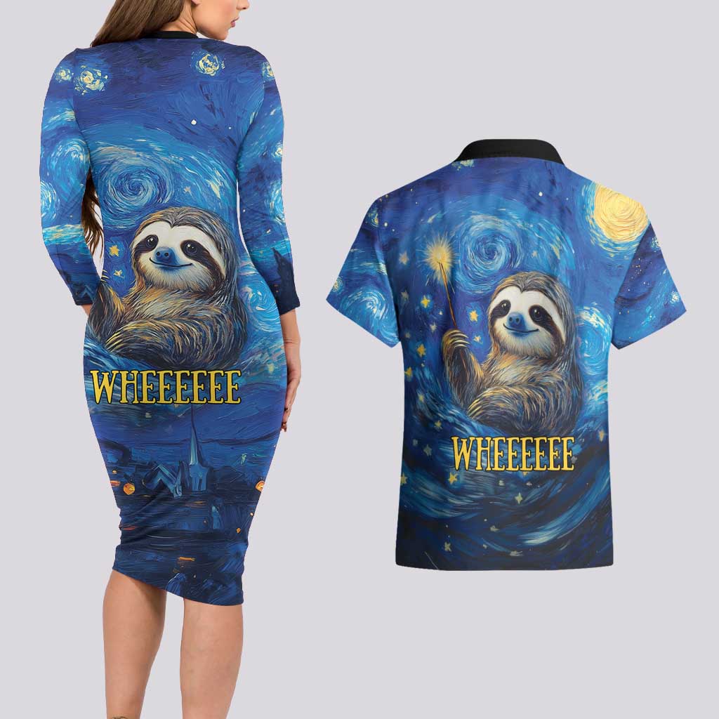 Sloth Life Is The Best Life Couples Matching Long Sleeve Bodycon Dress and Hawaiian Shirt with Starry Night Sky LT9 - Wonder Print Shop