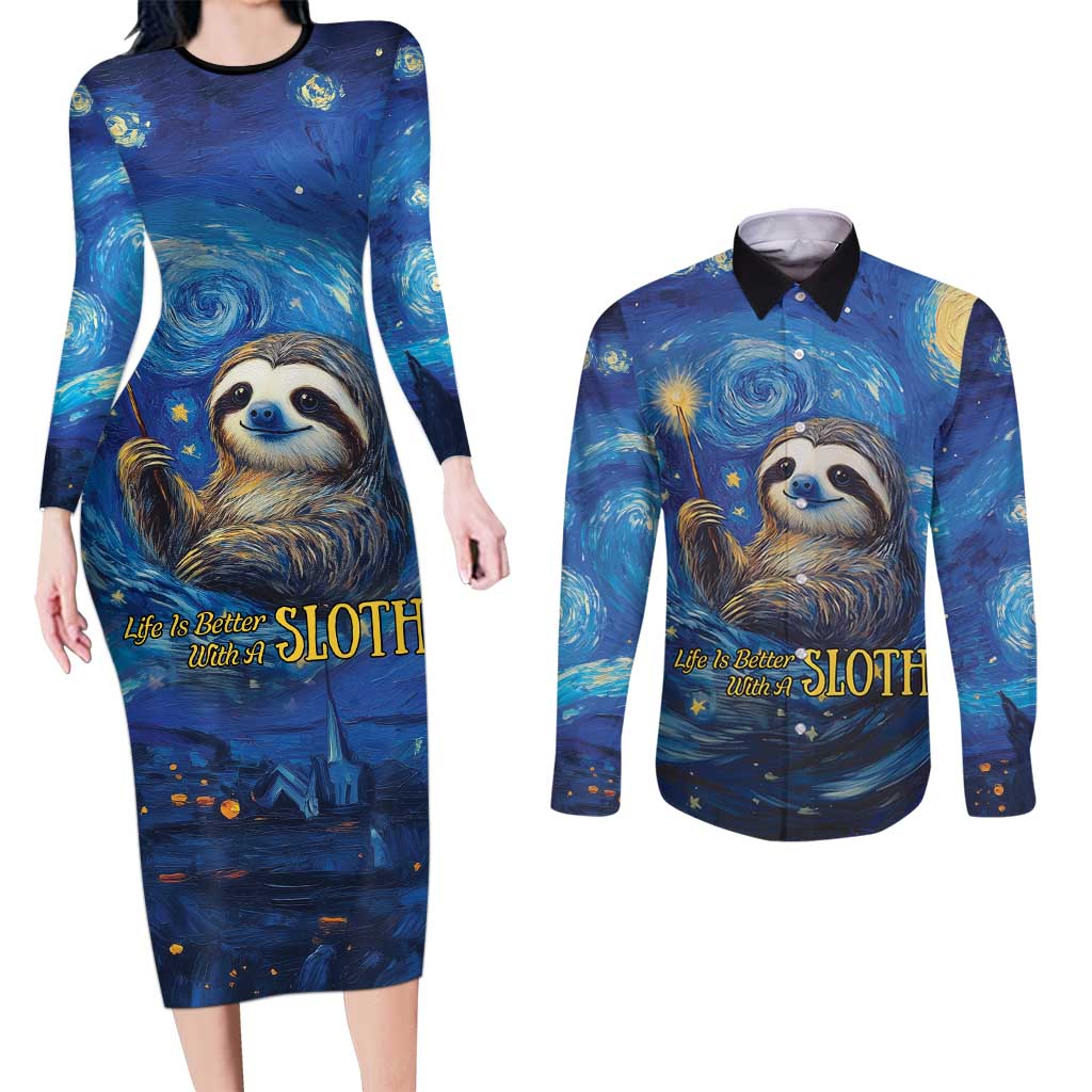Sloth Life Is The Best Life Couples Matching Long Sleeve Bodycon Dress and Long Sleeve Button Shirt with Starry Night Sky LT9 - Wonder Print Shop