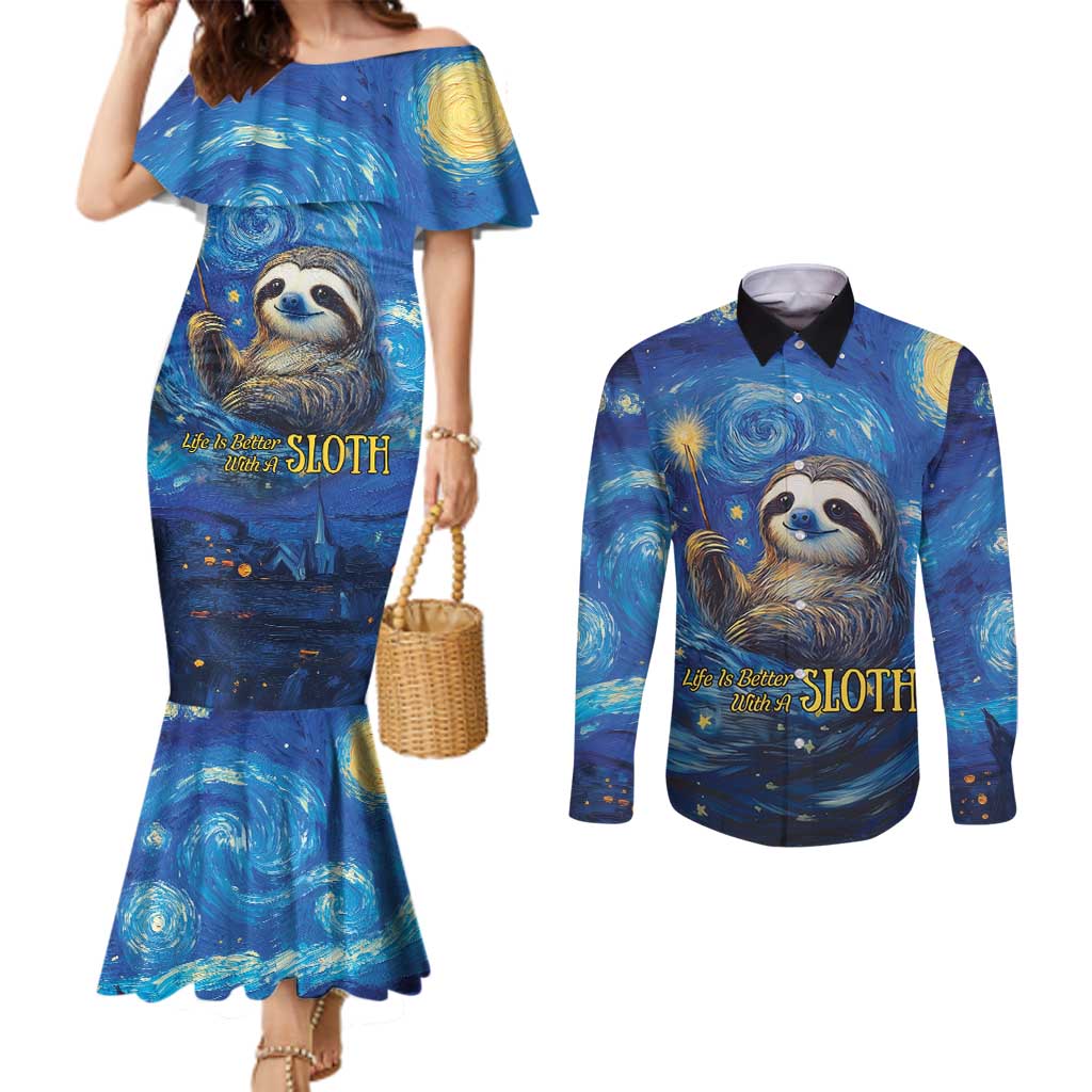 Sloth Life Is The Best Life Couples Matching Mermaid Dress and Long Sleeve Button Shirt with Starry Night Sky