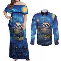 Sloth Life Is The Best Life Couples Matching Off Shoulder Maxi Dress and Long Sleeve Button Shirt with Starry Night Sky LT9 - Wonder Print Shop