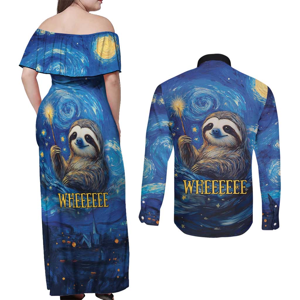 Sloth Life Is The Best Life Couples Matching Off Shoulder Maxi Dress and Long Sleeve Button Shirt with Starry Night Sky LT9 - Wonder Print Shop