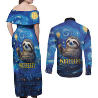 Sloth Life Is The Best Life Couples Matching Off Shoulder Maxi Dress and Long Sleeve Button Shirt with Starry Night Sky LT9 - Wonder Print Shop