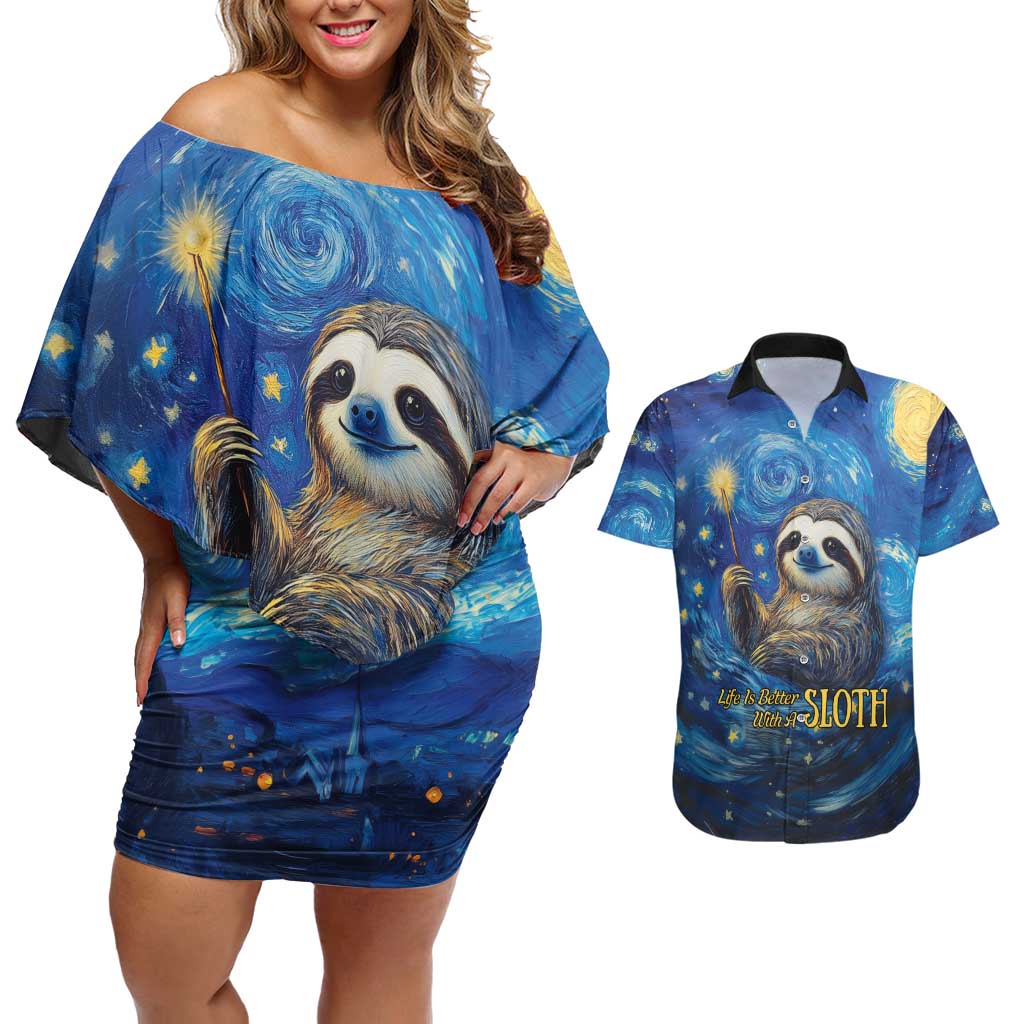 Sloth Life Is The Best Life Couples Matching Off Shoulder Short Dress and Hawaiian Shirt with Starry Night Sky LT9 - Wonder Print Shop