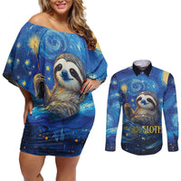 Sloth Life Is The Best Life Couples Matching Off Shoulder Short Dress and Long Sleeve Button Shirt with Starry Night Sky LT9 - Wonder Print Shop