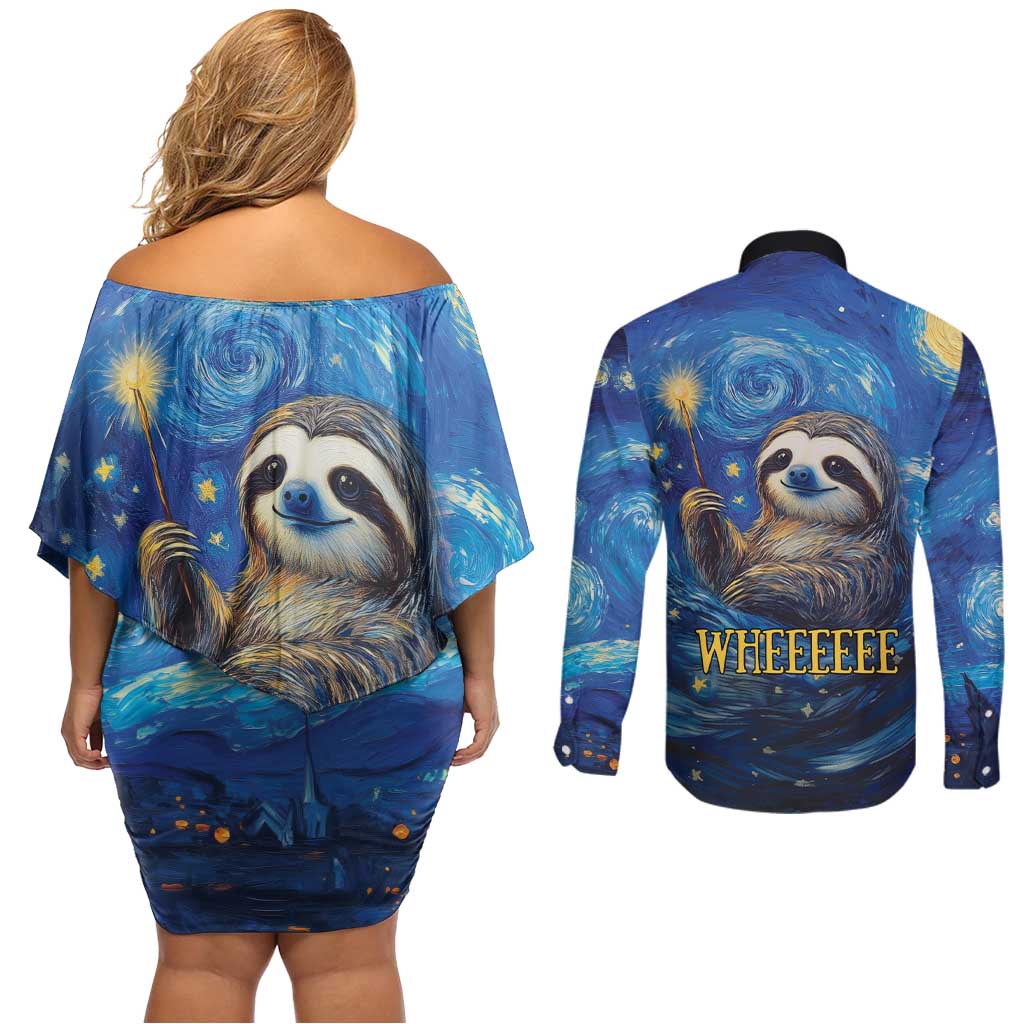 Sloth Life Is The Best Life Couples Matching Off Shoulder Short Dress and Long Sleeve Button Shirt with Starry Night Sky LT9 - Wonder Print Shop
