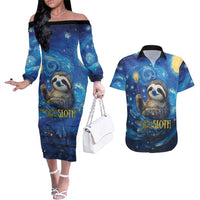Sloth Life Is The Best Life Couples Matching Off The Shoulder Long Sleeve Dress and Hawaiian Shirt with Starry Night Sky LT9 - Wonder Print Shop