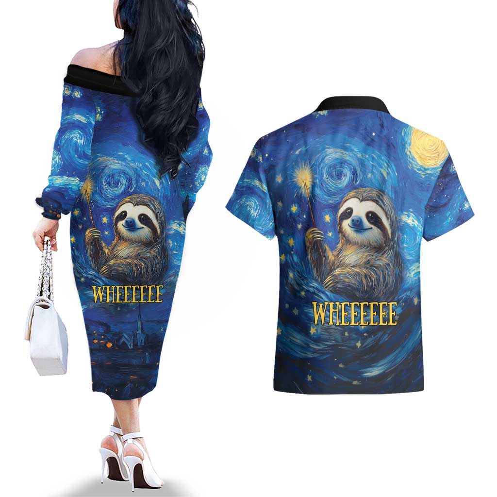 Sloth Life Is The Best Life Couples Matching Off The Shoulder Long Sleeve Dress and Hawaiian Shirt with Starry Night Sky LT9 - Wonder Print Shop