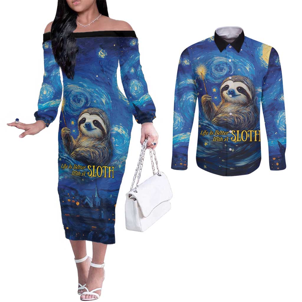 Sloth Life Is The Best Life Couples Matching Off The Shoulder Long Sleeve Dress and Long Sleeve Button Shirt with Starry Night Sky