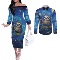Sloth Life Is The Best Life Couples Matching Off The Shoulder Long Sleeve Dress and Long Sleeve Button Shirt with Starry Night Sky