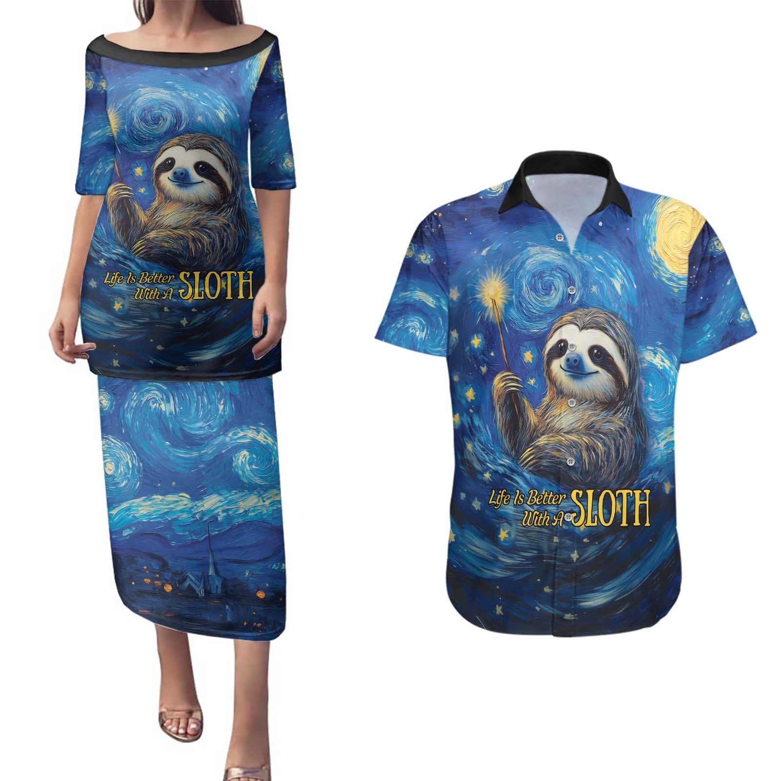 Sloth Life Is The Best Life Couples Matching Puletasi and Hawaiian Shirt with Starry Night Sky LT9 - Wonder Print Shop